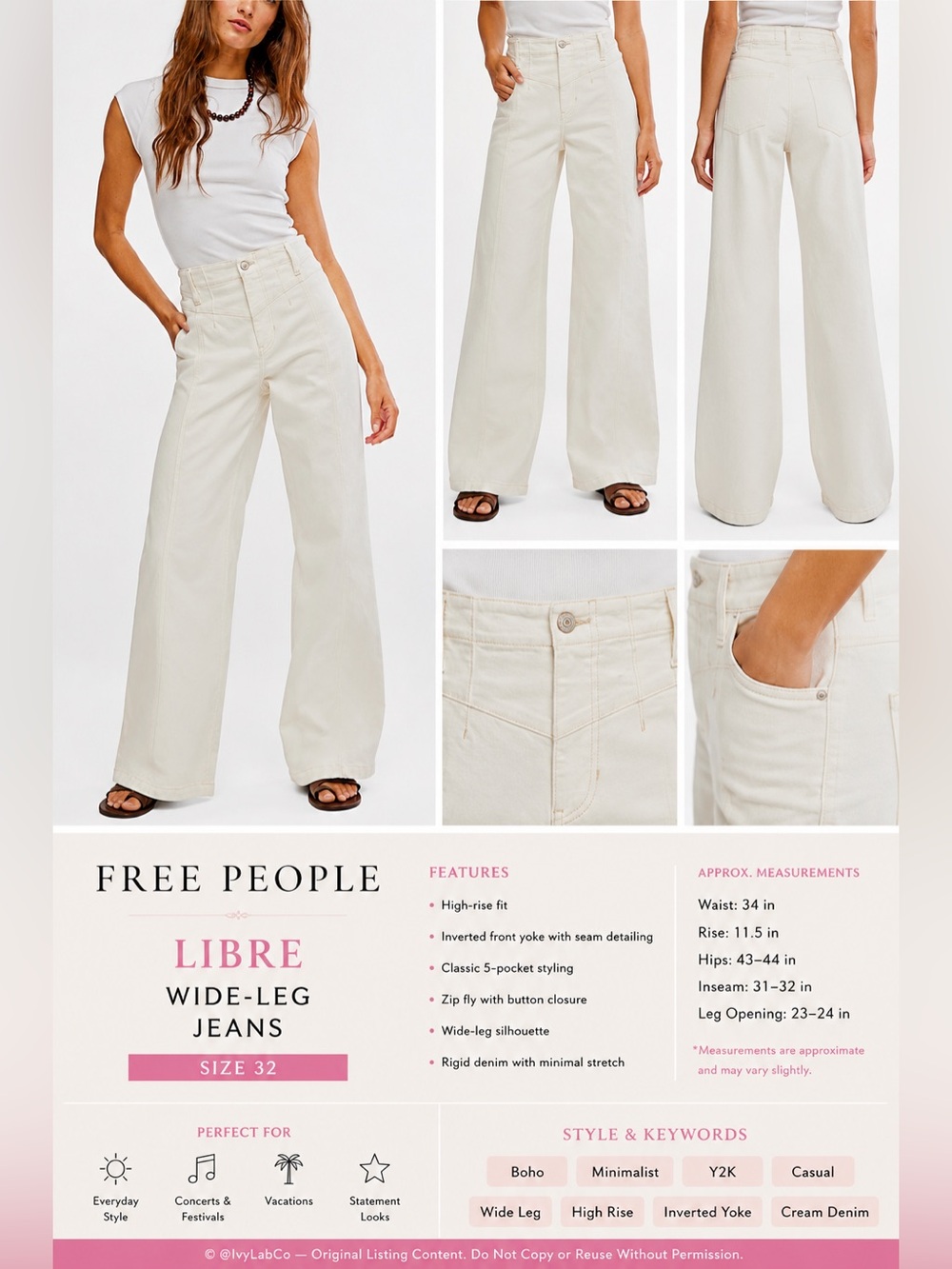 Free People Libre Front Yoke Wide Leg Jeans Cream Size 32 High Rise